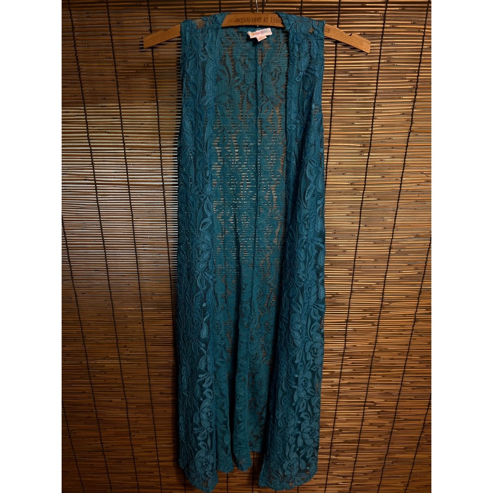 LuLaRoe Joy Vest Teal Blue Floral Lace Longline Duster Sleeveless XS